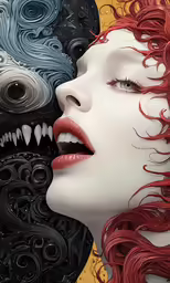 an artwork with an evil head and two different colors