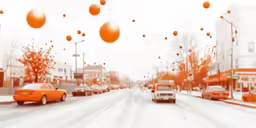 a street filled with traffic under street lights and orange balls hanging from the ceiling