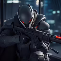 the man in black armor is holding his gun