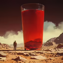 a glass with something red in the middle of desert