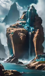 the landscape depicts a waterfall coming out from a rock face