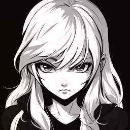 an anime girl with long blond hair in black and white