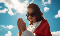 a girl in sunglasses and an umbrella applauding her hands