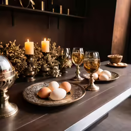 plates with food, cups and a candle on the table