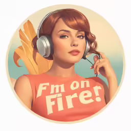 a woman in headphones with an orange shirt is shown