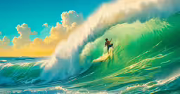 a person surfing on the ocean waves in the painting,a painting of a surfer on a huge ocean wave