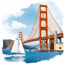 a painting of a sail boat in the water next to a bridge