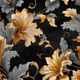a black background with flowers that appear to be painted in metallic