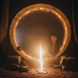 a man sits near a bonfire inside a round ring