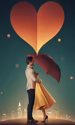 a man and woman in a suit and tie standing in front of a huge heart balloon