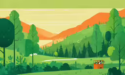 a green valley scene with trees and hills,a painting of a green park with a small red boat in the distance