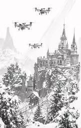 some military planes are flying in the air above the snowy landscape