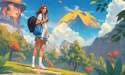the girl in a blue dress is looking at the scenery