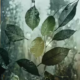 the leaves of a tree with rain on them