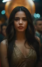 the young woman is standing in front of an abstract background