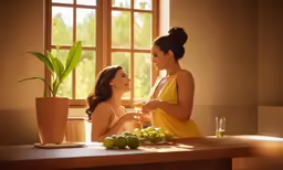 two women in dresses smile at each other near a table with fruit