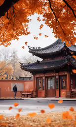 the chinese style architecture on a park in autumn