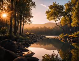 a lake at sunset with trees on the shore and a view of the mountain