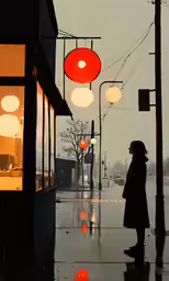 a person stands on a wet road in the rain at dusk