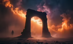 an eerie looking scene in the distance with fire and smoke