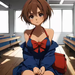 anime girl in a dress with long brown hair, with eyes closed, sitting on a bench