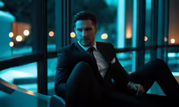 a man wearing a black suit and tie sits in an apartment