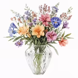 a clear vase of colorful flowers in a white background
