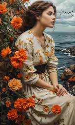 an artistic photo of a woman sitting on a rock and orange flowers