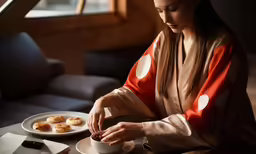 a woman wearing a robe sitting down with a plate and cup of food