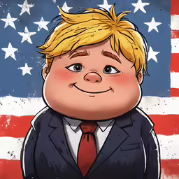 a digital painting of a cartoon character by a flag
