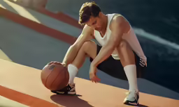 a man squatting on a side walk with his basketball