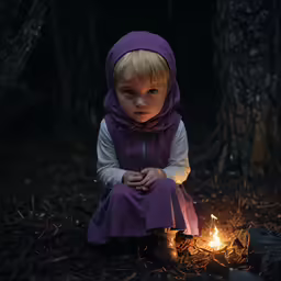 a young boy wearing purple sits next to a campfire and lights it
