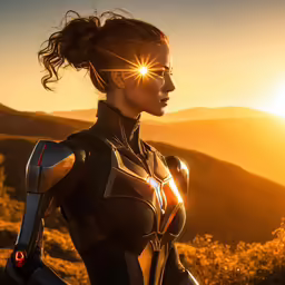 a female robot standing on top of a grass covered field