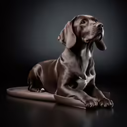 the puppy is sitting on the table alone