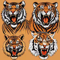 tigers with different teeth and fangs,tiger drawings of different angles with different colors