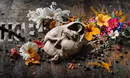 a fake skull with flowers on top of it
