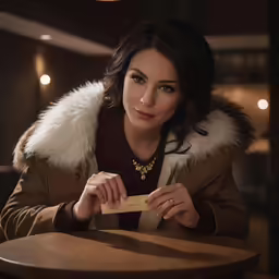 a woman sitting at a table wearing a brown coat with a fur collar