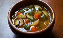 soup with vegetables in the brown bowl on the wooden table