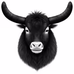 a bull that is wearing long hair and horns