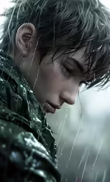 the boy with rain all over his head