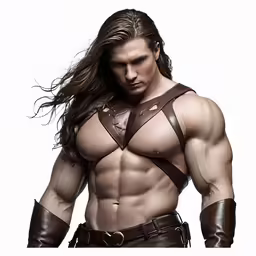 a man in gladia clothing wearing brown leather