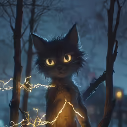 a black cat sitting next to some tree with its eyes glowing