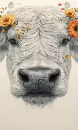 a cow with flowers in its ears and her ears turned back