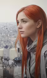 a woman with red hair is looking out over the city