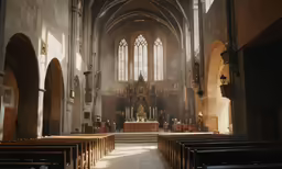 a cathedral that is mostly empty and it has lots of pews