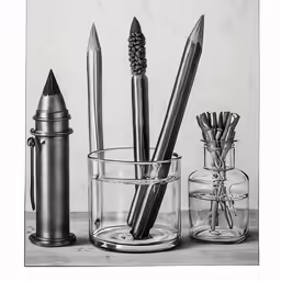 pencils, markers and other office supplies sit in a cup