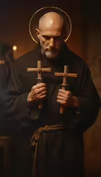 the priest is holding two crosses in both hands