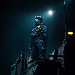 a man is standing on a roof in the dark