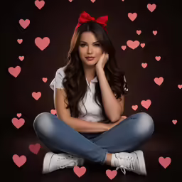 a woman with a red bow sitting in the middle of a room
