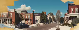 a snowy street with some houses on it